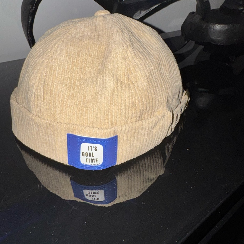 Tan Corduroy Beanie with Blue Patch